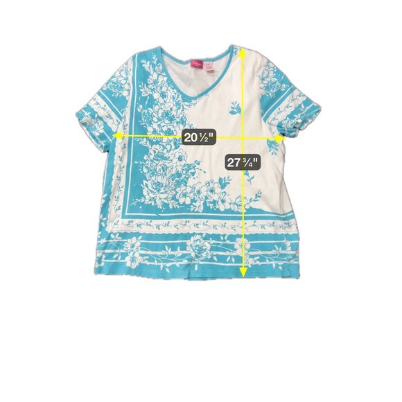 Pappagallo Floral V Neck Short Sleeve Top Cotton White Turquoise Sz 1X - Picture 7 of 9